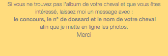 Si vous ne trouvez pas l'album de votre cheval et que vous êtes intéressé, laissez moi un message avec : le concours, le n° de dossard et le nom de votre cheval afin que je mette en ligne les photos. Merci 