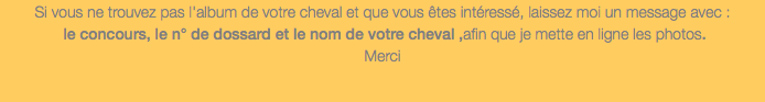 Si vous ne trouvez pas l'album de votre cheval et que vous êtes intéressé, laissez moi un message avec : le concours, le n° de dossard et le nom de votre cheval ,afin que je mette en ligne les photos. Merci 